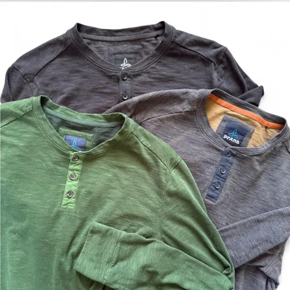 prAna Men's Ronnie Henley Long Sleeve Size Medium Lot Of 3 Organic Cotton - Picture 1 of 8